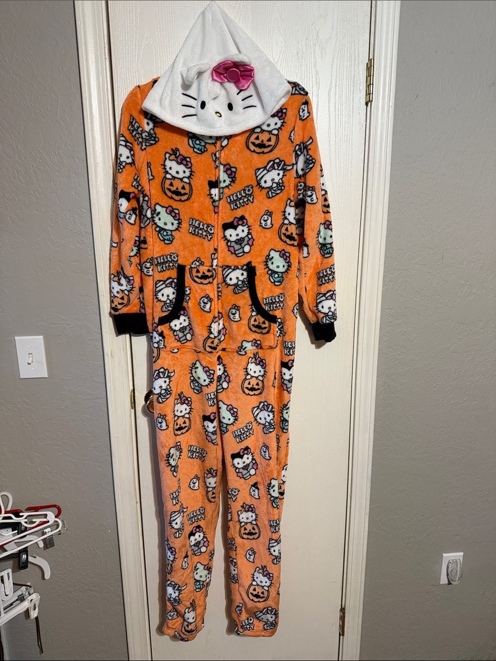 Hello Kitty Orange Pumpkin Fleece Hooded Onesie with White Hood